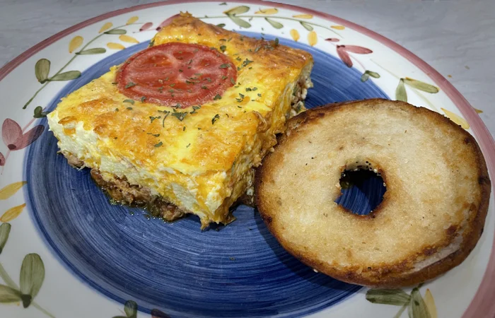 Square pan fritatta with everything bagel