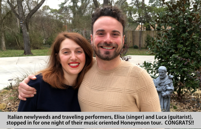 Italian newlyweds and traveling performers, Elisa (singer) and Luca (guitarist) stopped in for a one night of their music oriented honeymoon tour.  CONGRATS!
