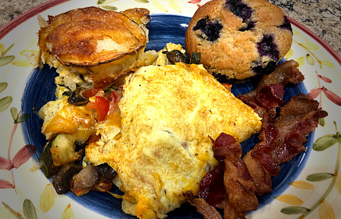 Omelet Bacon AuGratin Potatoes Blueberry Muffin