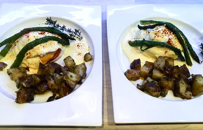 eggs benedict with potatoes asparagus