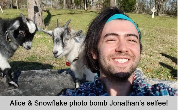 Alice and Snowflake photo bomb Jonathan'sl selfie.